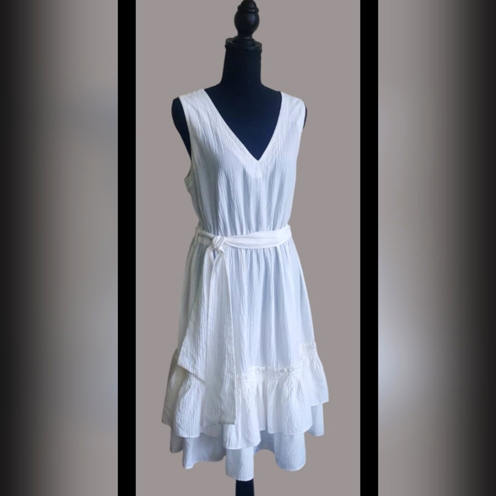 Calvin Klein Sleeveless Tiered Ruffle Belted V-Neck Dress White Flowy Size 14